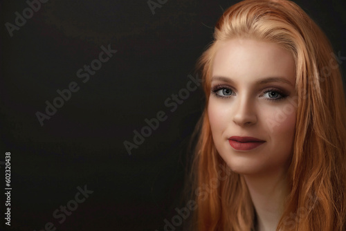 Portrait of smiling redhead young woman with red lips on the black background.