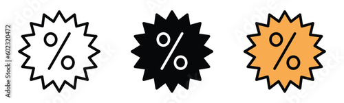 Discount icon in thin line, flat, and color style on white background with editable stroke. Starburst with percentage symbol. Sale, badge, star, price, label, award. Vector illustration