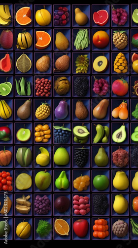 A collection of fruits in different colors. AI generative