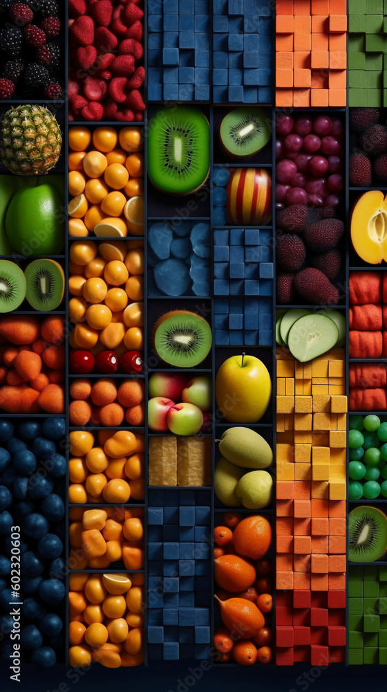 A collection of fruits in different colors. AI generative