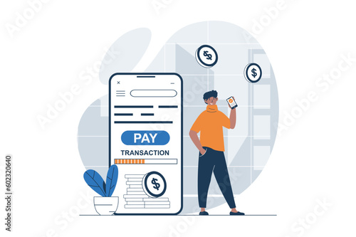 Mobile banking web concept with character scene. Man makes online payment and doing fast transaction in app. People situation in flat design. Vector illustration for social media marketing material.