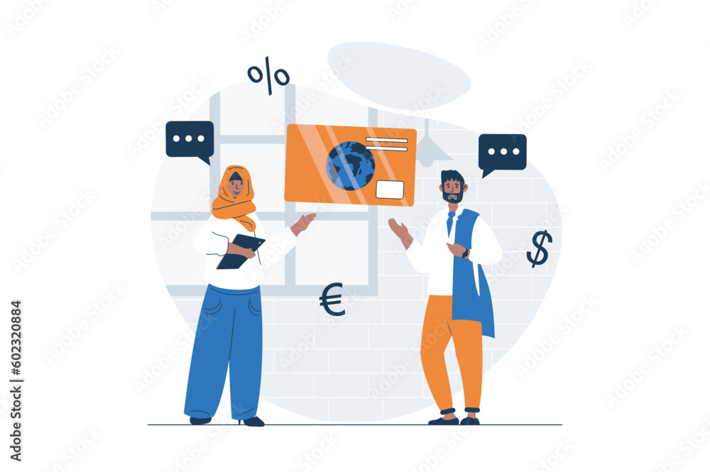 Payment web concept with character scene. Arabic muslim man and woman using online banking and credit card. People situation in flat design. Vector illustration for social media marketing material.