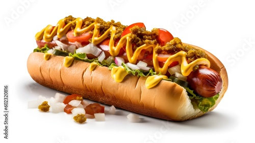 Juicy hot dog on white hot dog with, mustard, ketchup, onions, bacon and bacon, white background, space for copy