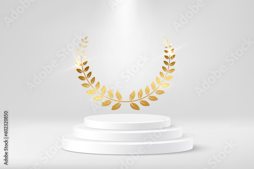Winners podium with three steps and golden wreath of award on top, prize for victory