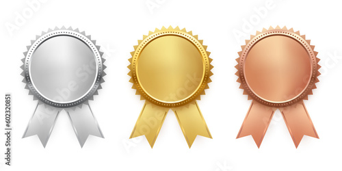 Leinwand Poster Gold, silver and bronze medals with ribbon set vector illustration