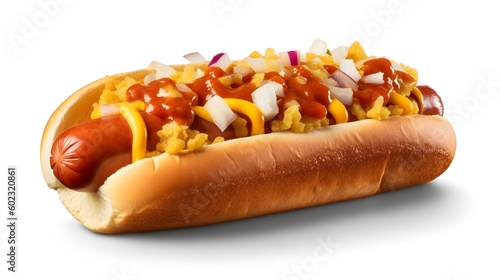 Juicy hot dog on white hot dog with, mustard, ketchup, onions, bacon and bacon, white background, space for copy