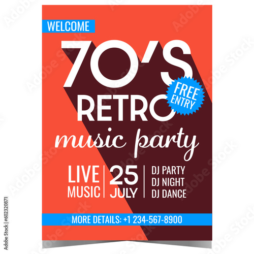 Retro music party vector illustration design on orange background. Promo banner, poster, leaflet or flyer for 70's retro concert, festival, disco dance event, night club invitation in old school style