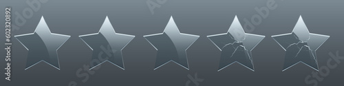 3D glass stars set, glossy broken and intact crystal stars templates with five points