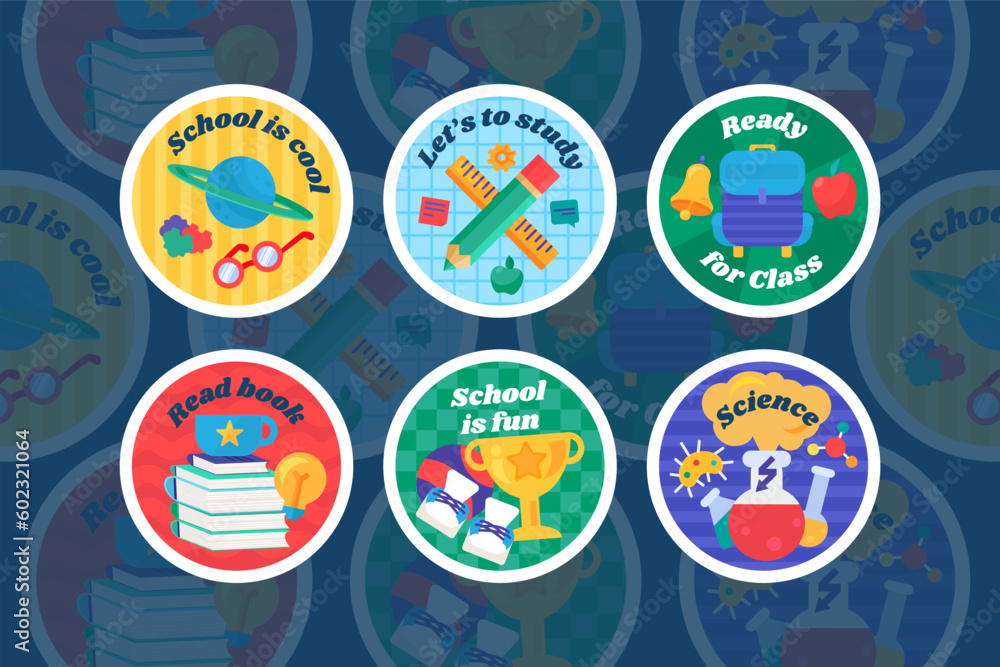 Naklejka premium Festive round sticker decal with school subjects. Astronomy, mathematics, physical education, literature and chemistry, September 1 and title inscription. Festive badge emblem. Color vector collection