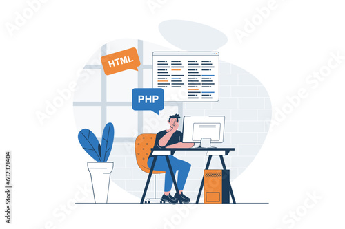 Programming web concept with character scene. Man working with php and html languages and making program. People situation in flat design. Vector illustration for social media marketing material.