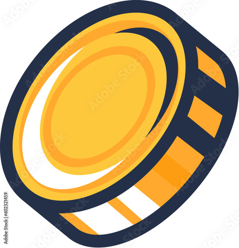 Pirate treasure chest gold Metal Coin. Flying falling coin. Shiny golden metal penny spins in air. Simple cartoon outline vector isolated on white background