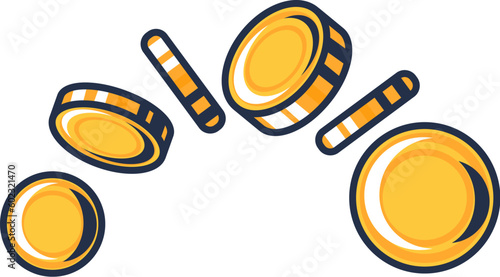 Scattering of gold coins falls and spins in air. Golden metal coins rotation, falling money frame animation elements. Simple cartoon outline vector isolated on white background