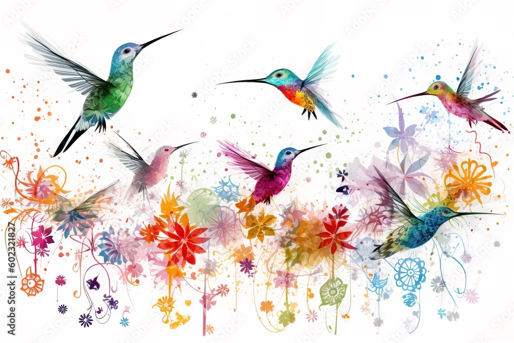 flock of hummingbirds, hovering around various flowers, simple minimal tech illustration.
