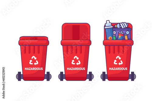 Set of containers with lid for storing, recycling and sorting used Hazardous waste. Closed empty and filled trash can with recycle sign. Simple cartoon outline vector isolated on white