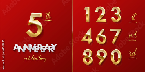 5 golden number and Anniversary Celebrating text with golden ribbons on red background. Vector fife anniversary celebration event square template with numbers set for invitation, greeting card