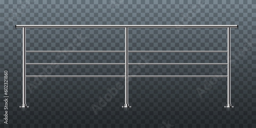 Steel fence with banisters. Architectural guardrail for balcony or office terrace vector illustration. Realistic modern decoration front view on transparent background