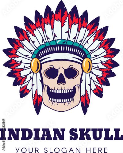 Logo of Indian Chief skull in feathered national headdress of Indian chief. Symbol emblem for design decoration, brand name of music company. Vector in thick stroke isolated on white background