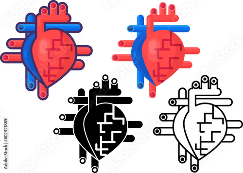 Human heart with arteries and vessels set. Sketchy linear icon device of human organ pumping blood in healthy body. Healthy lifestyle. Simple vector set icons in different styles isolated on white