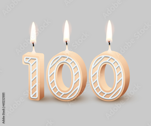 Birthday number one hundred, candle with fire vector illustration. 3D beige number 100 with icing, candlelight for birthday or anniversary cake and happy party, invitation and greeting card design