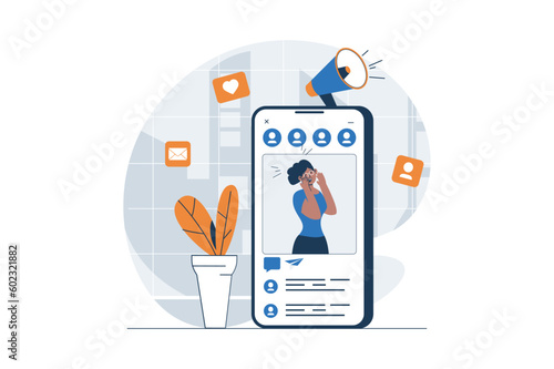 Social media marketing web concept with character scene. Woman making advertising promotion with new posts. People situation in flat design. Vector illustration for social media marketing material.