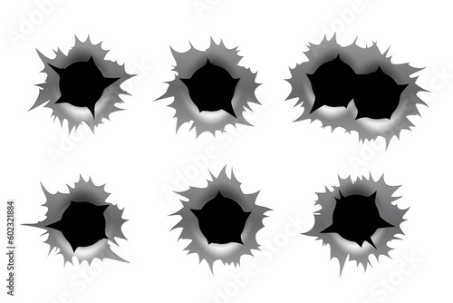 Bullet holes set isolated on white background. Realistic ragged metal holes row. Damage effect