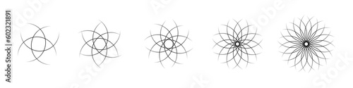 Pattern of overlapping arcs and circles, black line icons set vector illustration. Abstract rings intersect in creative geometric minimal texture, circular geometry subtle elements and frames overlap