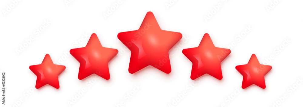 5 red stars for product review vector illustration. 3d five ranking symbols in row for feedback, satisfaction opinion on website service or mobile app isolated on white background 5 red stars for product review vector illustration. 3d five ranking symbols in row for feedback, satisfaction opinion on website service or mobile app isolated on white background
