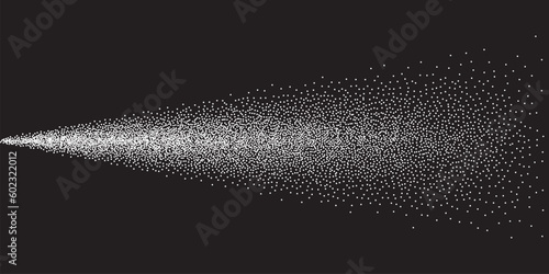 Spray of black dots vector illustration. Abstract dust particles or water droplets explosion from sprayer gun, stream with mist aerosol texture, spread of grainy diffusion of steam, fog or gas in air