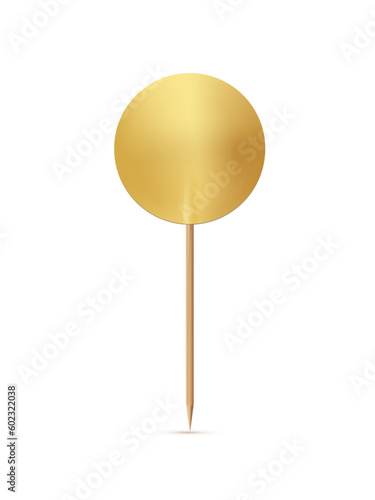 Gold round flag on wooden toothpick. Golden circle foil or paper topper for cake or other food isolated on white background. Blank mockup for advertising and promotions, location mark, map pointer