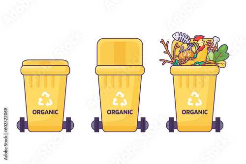 Collection of containers with lid for storing, recycling and sorting used household Organic waste. Closed empty and filled trash can with recycle sign. Simple cartoon outline vector isolated on white