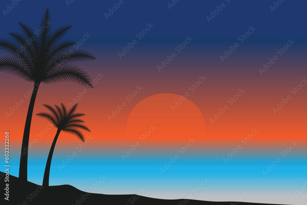 summer Sunset beach vector background, Sunset scene landscape background, tropical beach landscape illustration, Sunset beach with palm trees vector background, gradient beach scenery background 