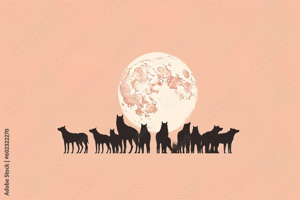 snow-covered landscape with a pack of wolves howling under the full moon simple minimal tech illustration. snow-covered landscape with a pack of wolves howling under the full moon simple minimal tech illustration.