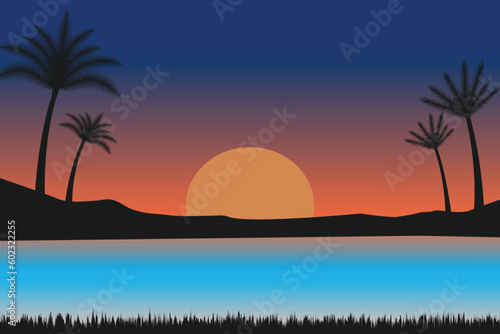 summer Sunset beach vector background, Sunset scene landscape background, tropical beach landscape illustration, Sunset beach with palm trees vector background, gradient beach scenery background 