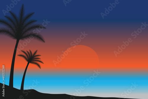 summer Sunset beach vector background, Sunset scene landscape background, tropical beach landscape illustration, Sunset beach with palm trees vector background, gradient beach scenery background  © Nurearth