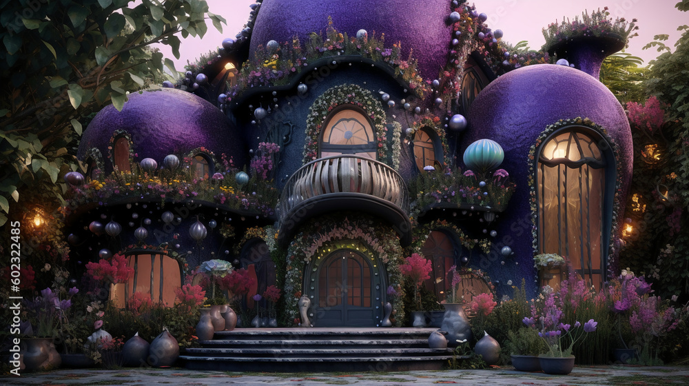 Black house royal exterior, oval villa, maximalism, flowers, devine, aestetic, purple light, hypermaximalist, swarovsky crystals, detailed, exquisite. AI generative
