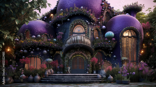 Black house royal exterior, oval villa, maximalism, flowers, devine, aestetic, purple light, hypermaximalist, swarovsky crystals, detailed, exquisite. AI generative