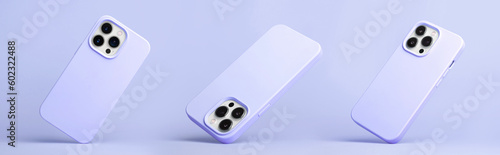set of three starlight iPhone 14 and 13 pro max in very peri purple silicone case falling down in different angles, back view isolated on purple background, phone cover mockup in monochrome colours