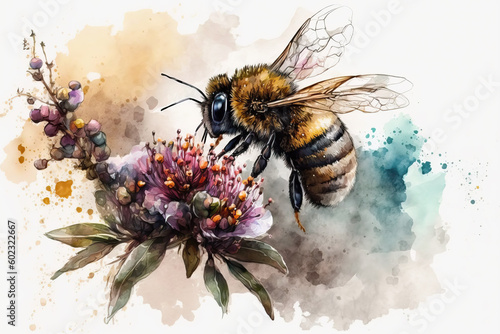 Fototapeta Naklejka Na Ścianę i Meble -  bee on flower in aquarelle style, ai generated