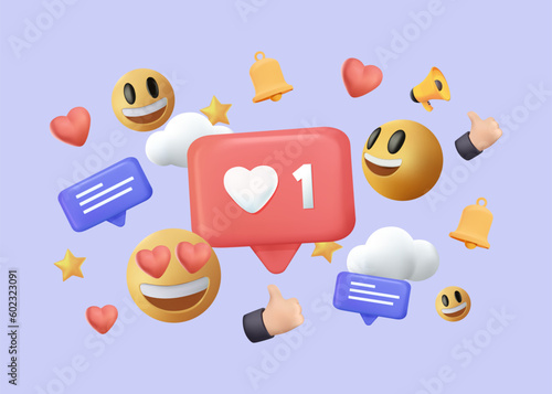 3D Social media platform, Social media 3d concept. Like, heart, thumbs up smile emoji. 3D render online communication