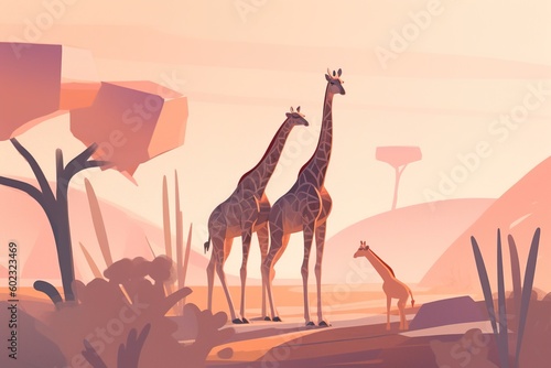 giraffe mother nuzzling her calf in savannah. simple minimal tech illustration.