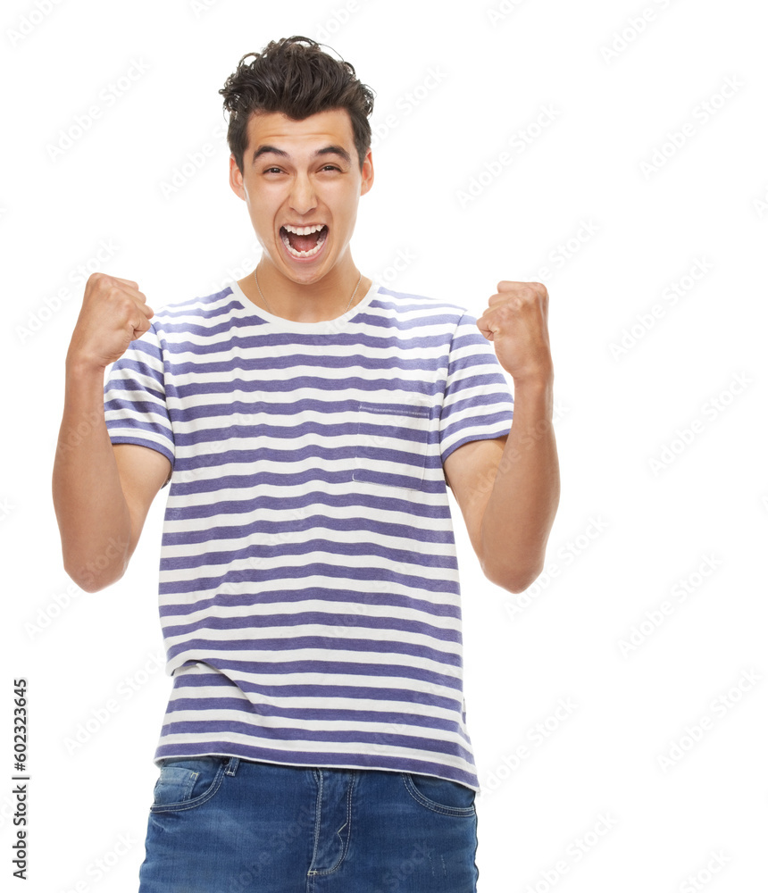 Man, studio portrait and fist celebration with fashion, gen z aesthetic and winner with scream by white background. Isolated guy, model and excited with trendy clothes, goals and winning by backdrop Man, studio portrait and fist celebration with fashion, gen z aesthetic and winner with scream by white background. Isolated guy, model and excited with trendy clothes, goals and winning by backdrop