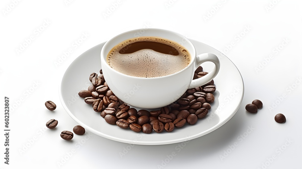 Cup of coffee on white saucer with fresh coffee beans, on an isolated white background with copy space Cup of coffee on white saucer with fresh coffee beans, on an isolated white background with copy space