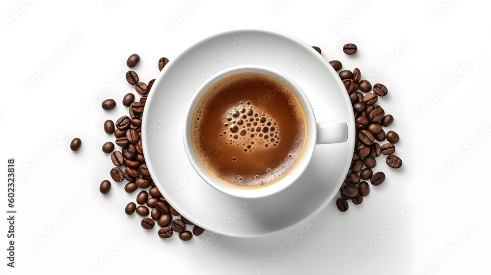 Cup of coffee on white saucer with fresh coffee beans, on an isolated white background with copy space Cup of coffee on white saucer with fresh coffee beans, on an isolated white background with copy space
