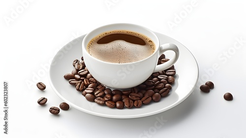 Cup of coffee on white saucer with fresh coffee beans, on an isolated white background with copy space