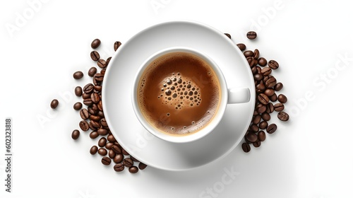 Cup of coffee on white saucer with fresh coffee beans, on an isolated white background with copy space