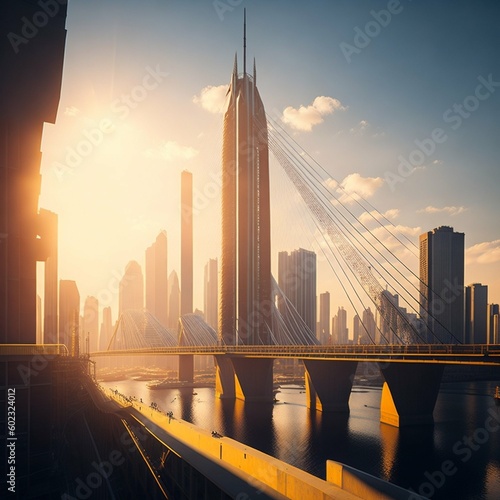 Modern Bridge and Skyscraper in the Sunshine