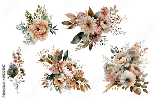 Fall boho blossom floral clipart set of bouquets for wedding. Watercolor autumn bloom flowers arrangements photo