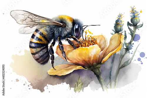 Fototapeta Naklejka Na Ścianę i Meble -  bee on flower in aquarelle style, ai generated