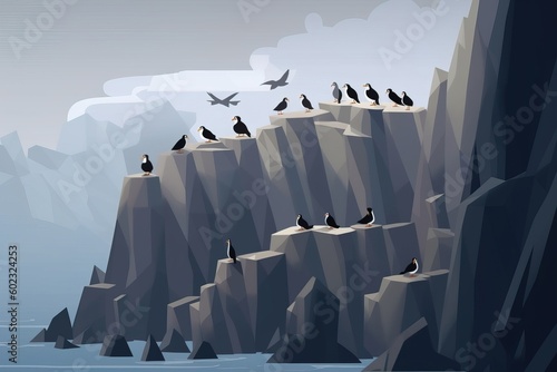 group of puffins perched on rocky cliffs simple minimal tech illustration. © 22Imagesstudio