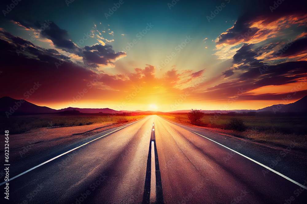 beautiful sun rising sky with asphalt highways road in rural. Generative Ai